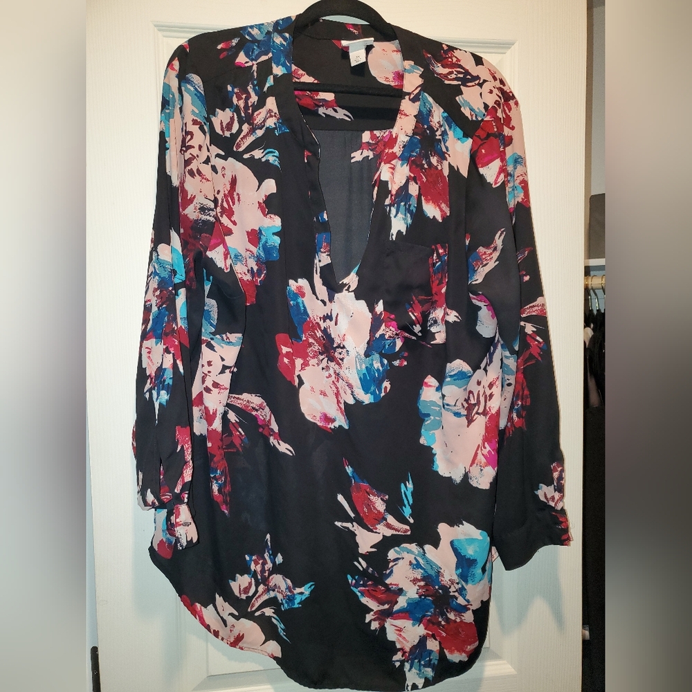 Ava & Viv Pink and Red Graphic Blouse with 3/4 Sleeves